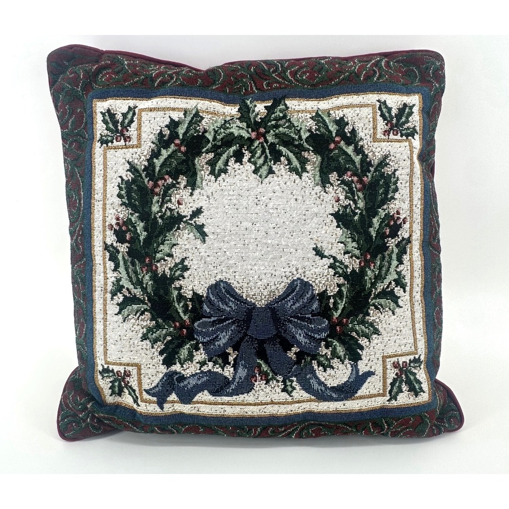 Vintage Christmas Wreath Tapestry Throw Pillow Holly Berry Blue Bow Red 16x16